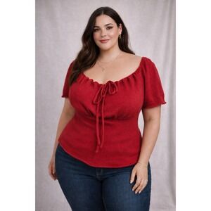 CIDER Red Off Shoulder Fitted Peasant Sweater Crop Top 2XL Puff Sleeve Tie Front